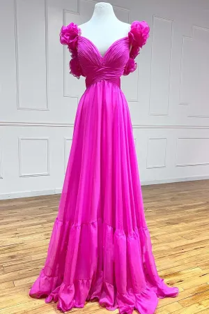 Aadhya | Lace-Up Fuchsia V-Neck Ruffle Pleated Long Prom Dress