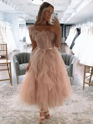 Addie | One Shoulder Blush Tulle A Line Long Prom Dress