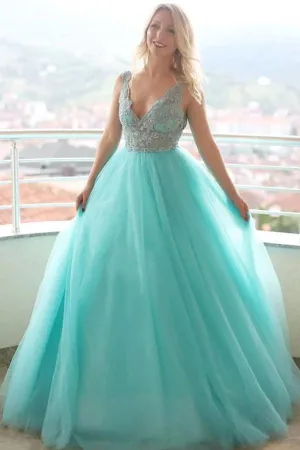 Alondra | A-line V neck Tulle Lace Long Prom Dress Evening Dress