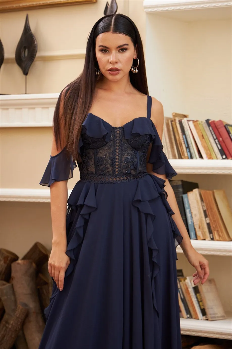 Angelino Navy Blue Volan with Lace Slit Evening Dress