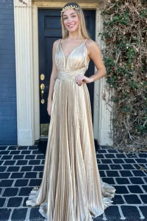 Barbara | Plunging V-Neck Gold Pleated Long Prom Dress