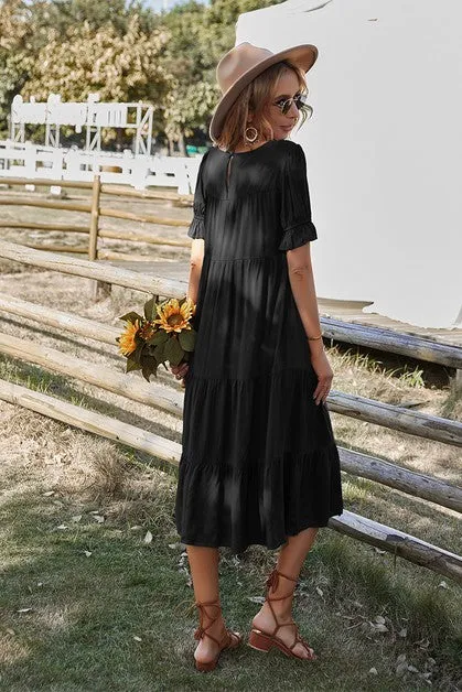 Bell Sleeves Easy Tiered Midi Dress