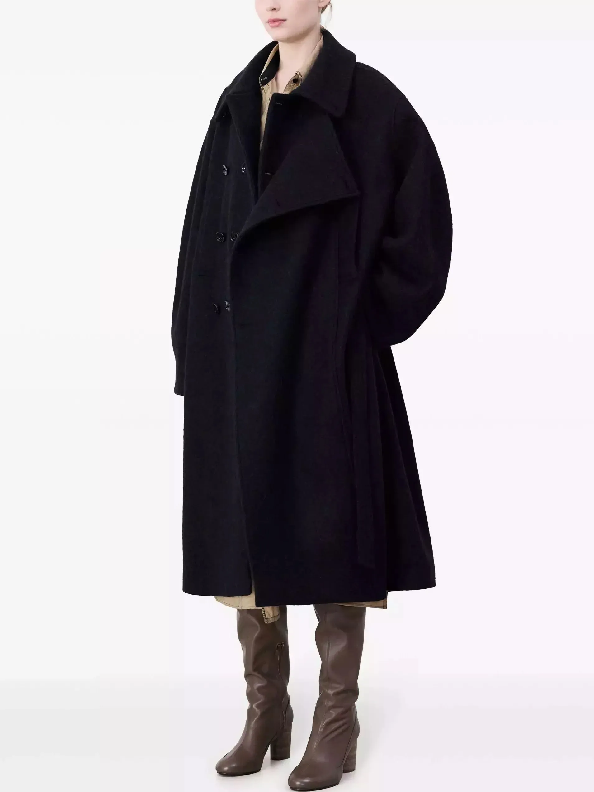 Belted Bathrobe Style Wool Coat in Black