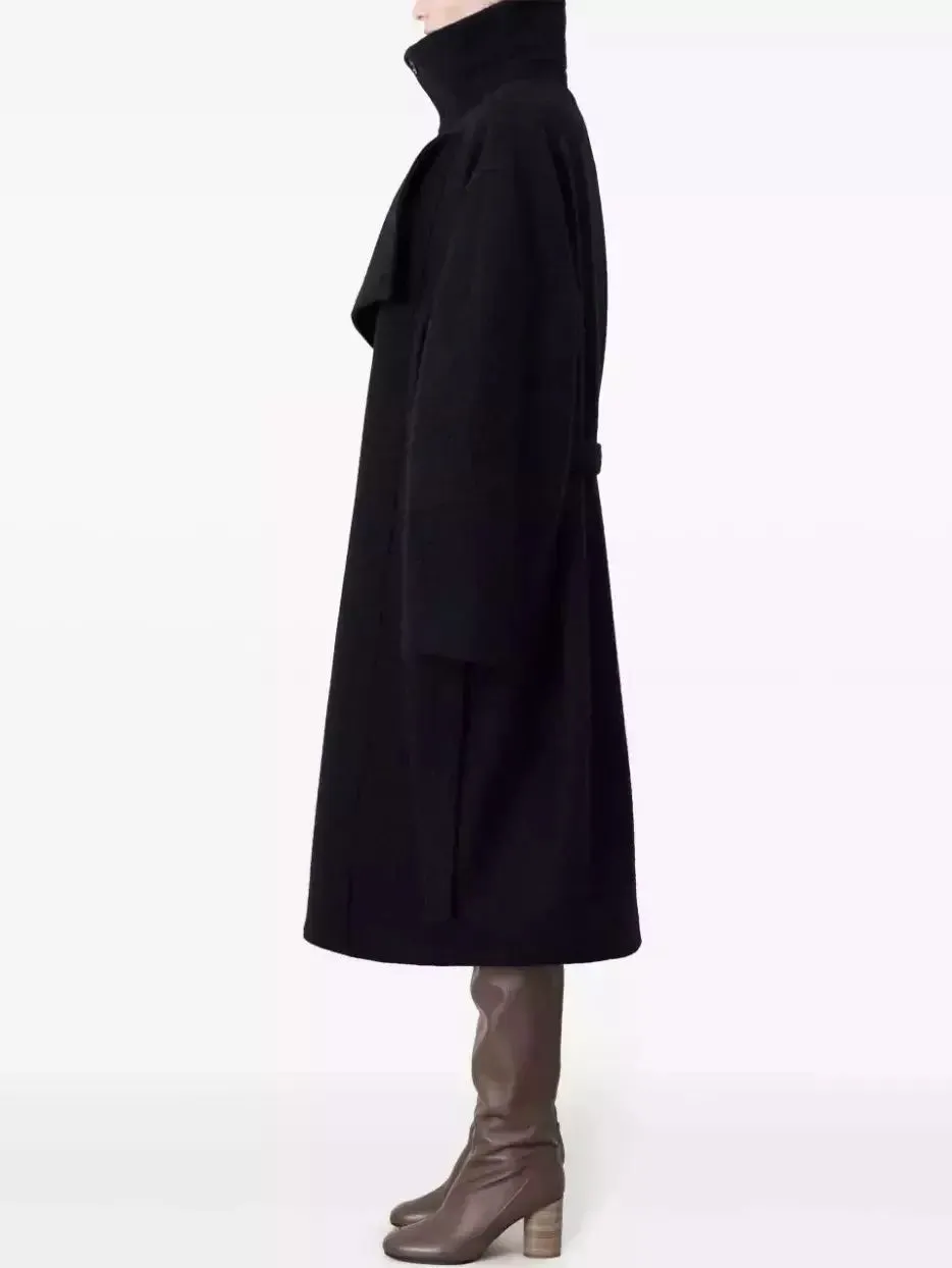 Belted Bathrobe Style Wool Coat in Black