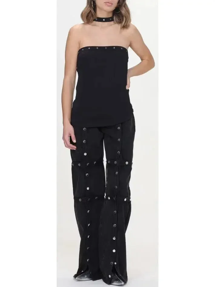 Black Denim Snap-Embellished High-Waist Jeans