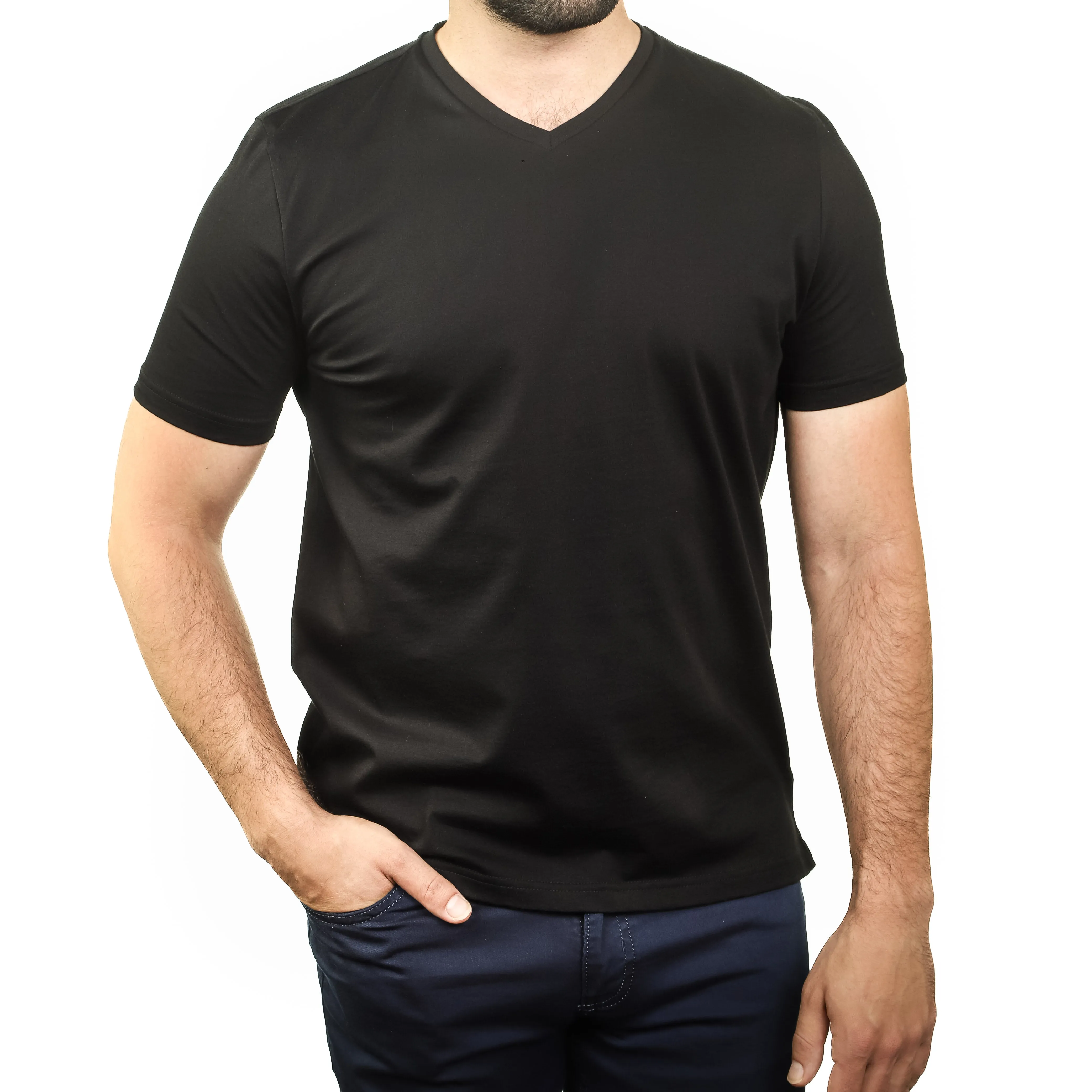 Black Mercerized Cotton V-Neck T-Shirt