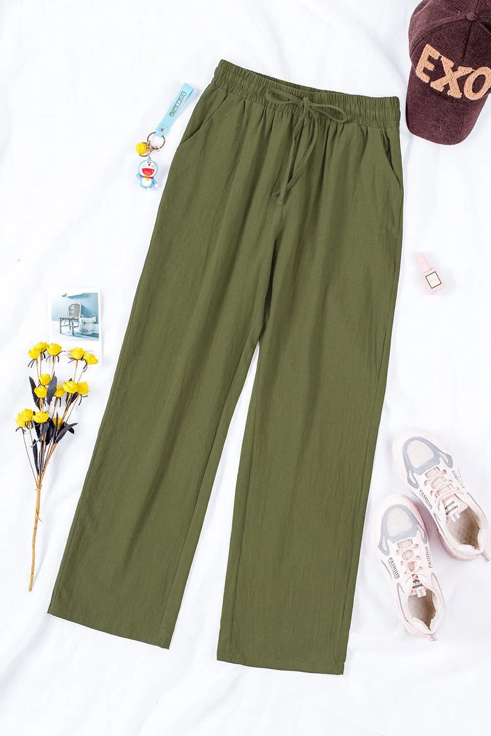 Bohemian Style Loose Fit Drawstring Pants, Casual Summer Beach Pants