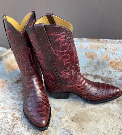 Burgundy Python Calf Skin  Raised Stitching Tres Outlaws Men's Classic 4253 *