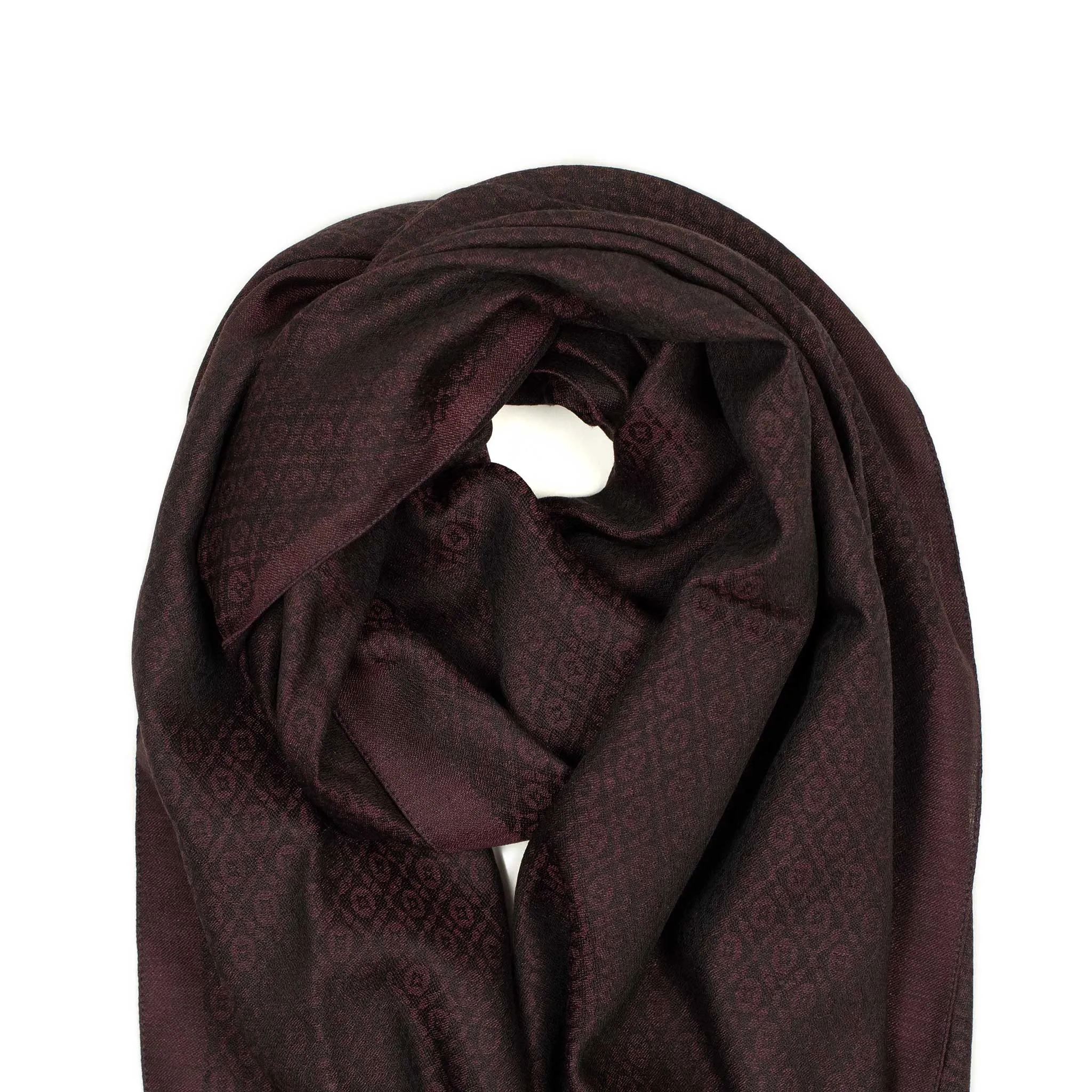 Cashmere, wool and silk stole, burgundy tonal geometric motifs