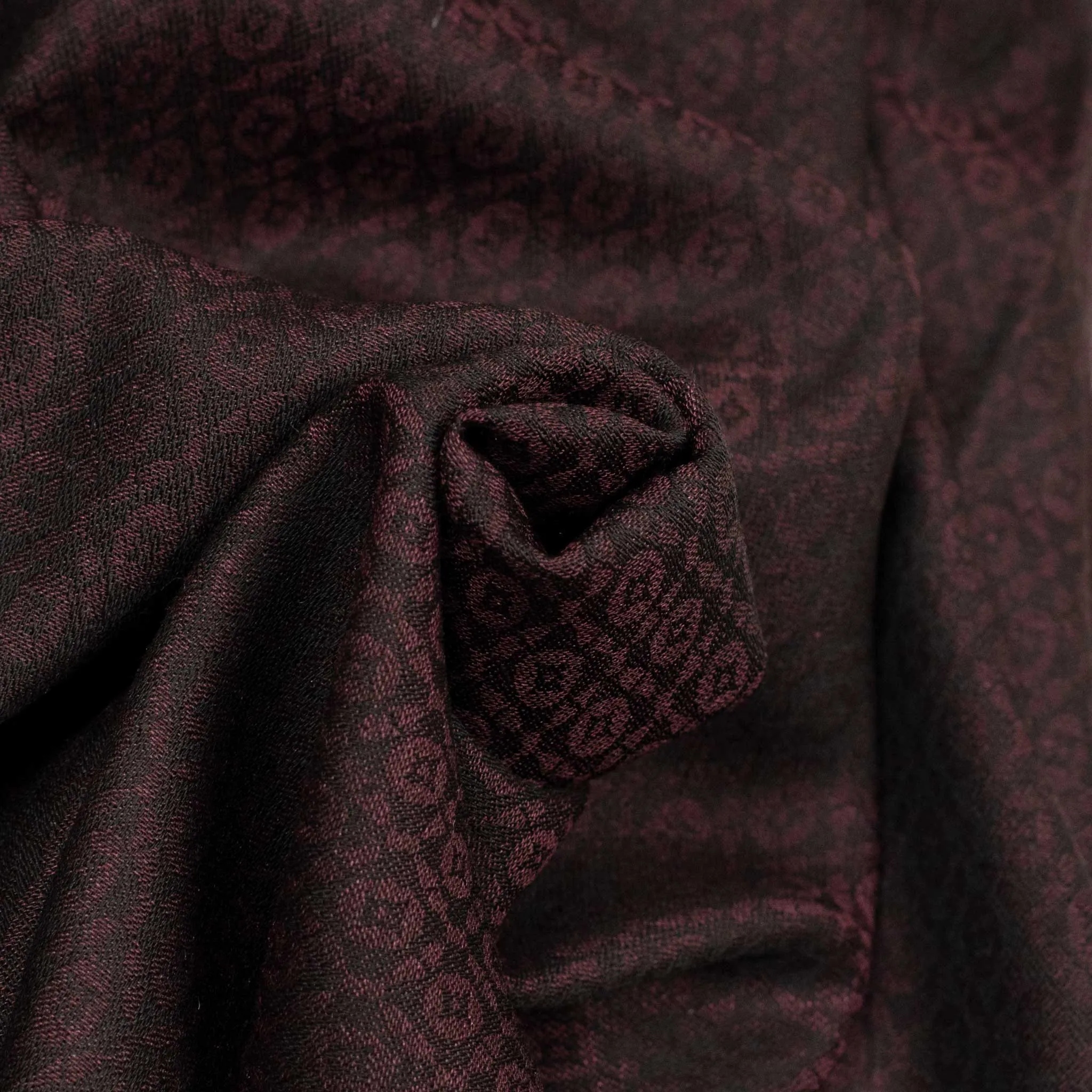 Cashmere, wool and silk stole, burgundy tonal geometric motifs