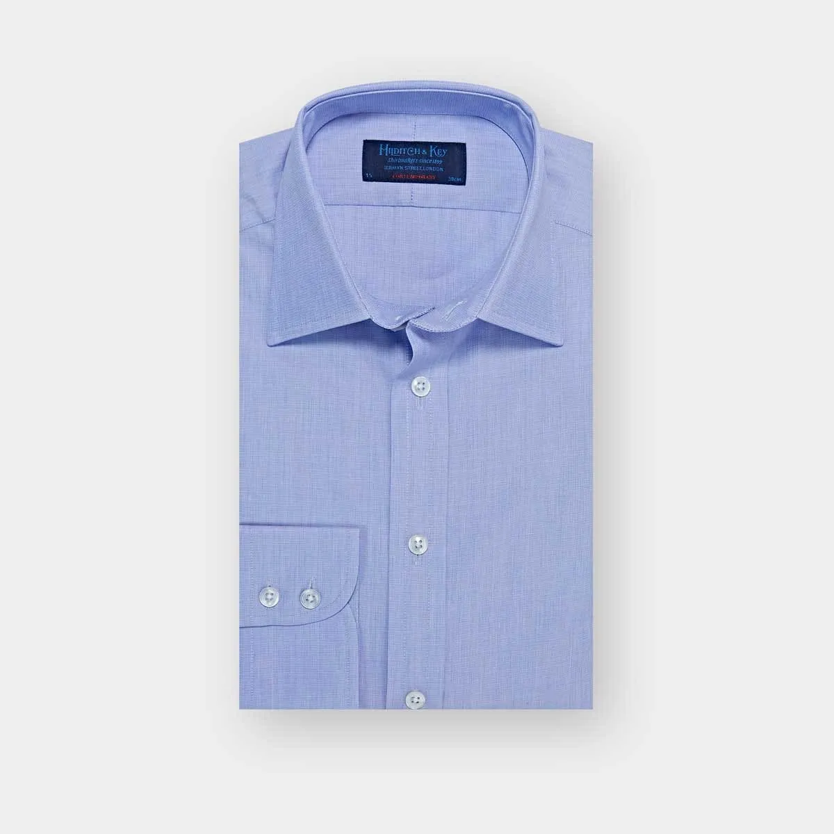 Contemporary Fit Blue End-on-End Cotton Shirt with Classic Collar & Two Button Cuff