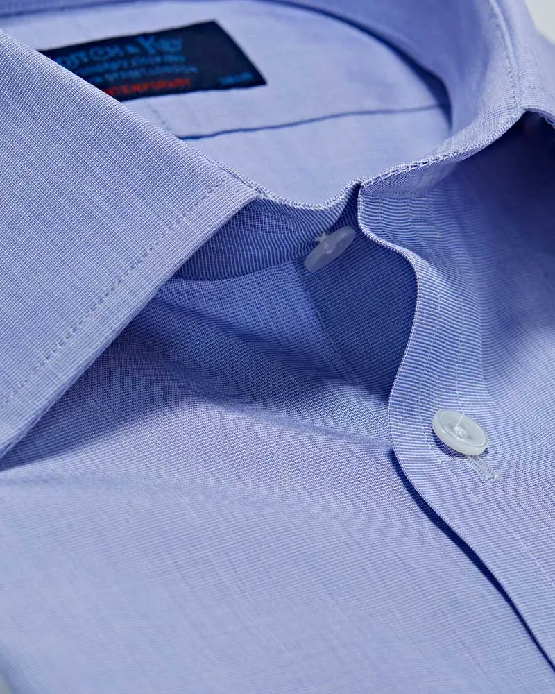 Contemporary Fit Blue End-on-End Cotton Shirt with Classic Collar & Two Button Cuff