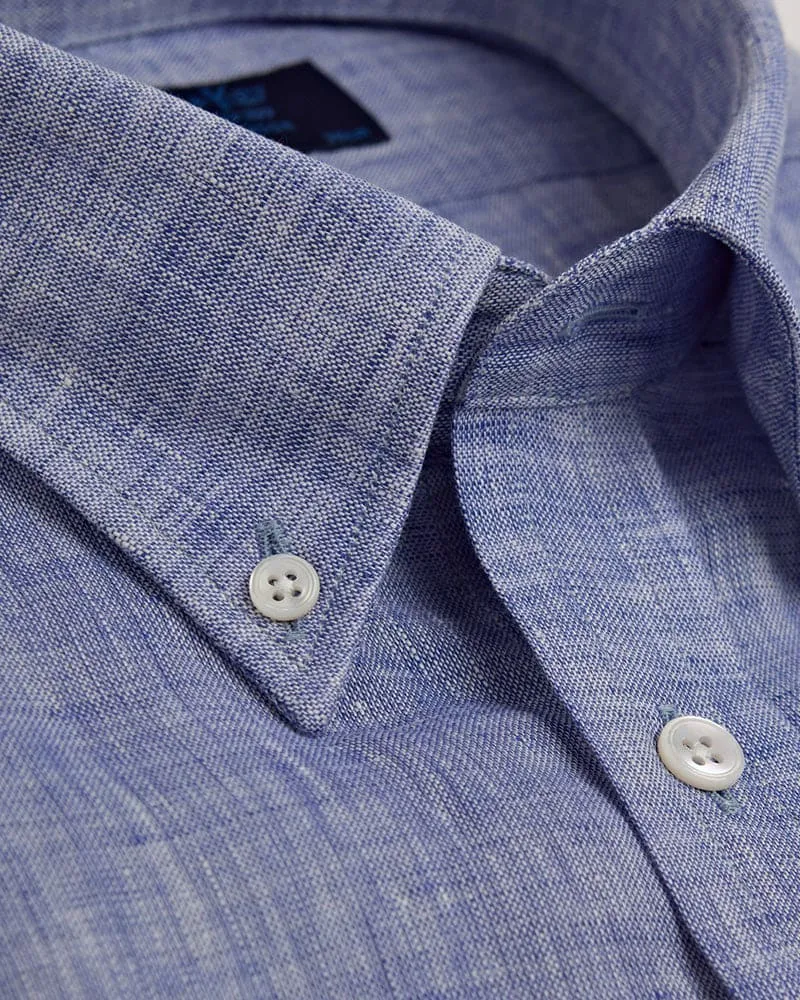 Contemporary Fit, Button Down Collar, 2 Button Cuff Shirt in Plain Navy Linen