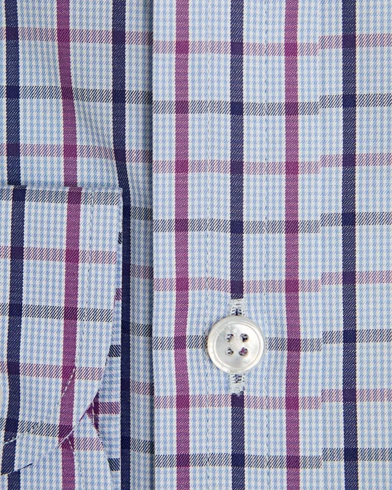 Contemporary Fit, Button Down Collar, Two Button Cuff Shirt In Blue & White With Cerise & Navy Overcheck