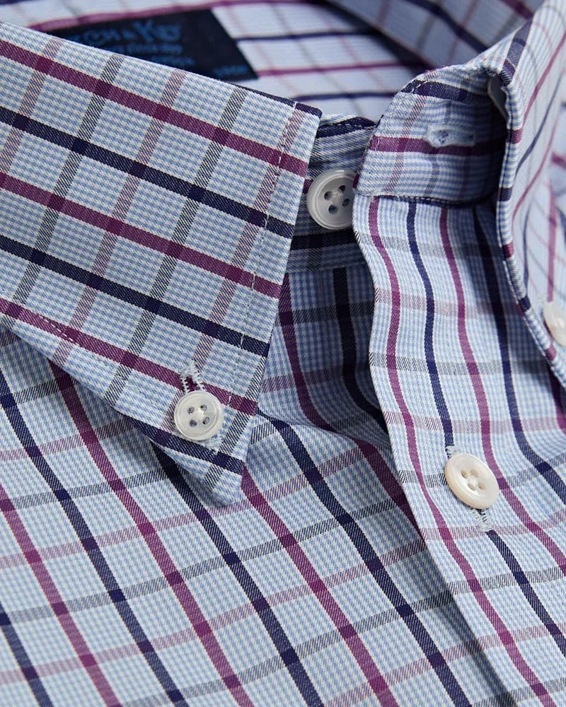 Contemporary Fit, Button Down Collar, Two Button Cuff Shirt In Blue & White With Cerise & Navy Overcheck