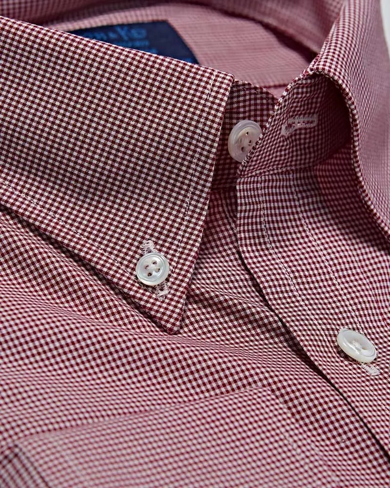 Contemporary Fit, Button Down Collar, Two Button Cuff Shirt In Red & White Micro Check