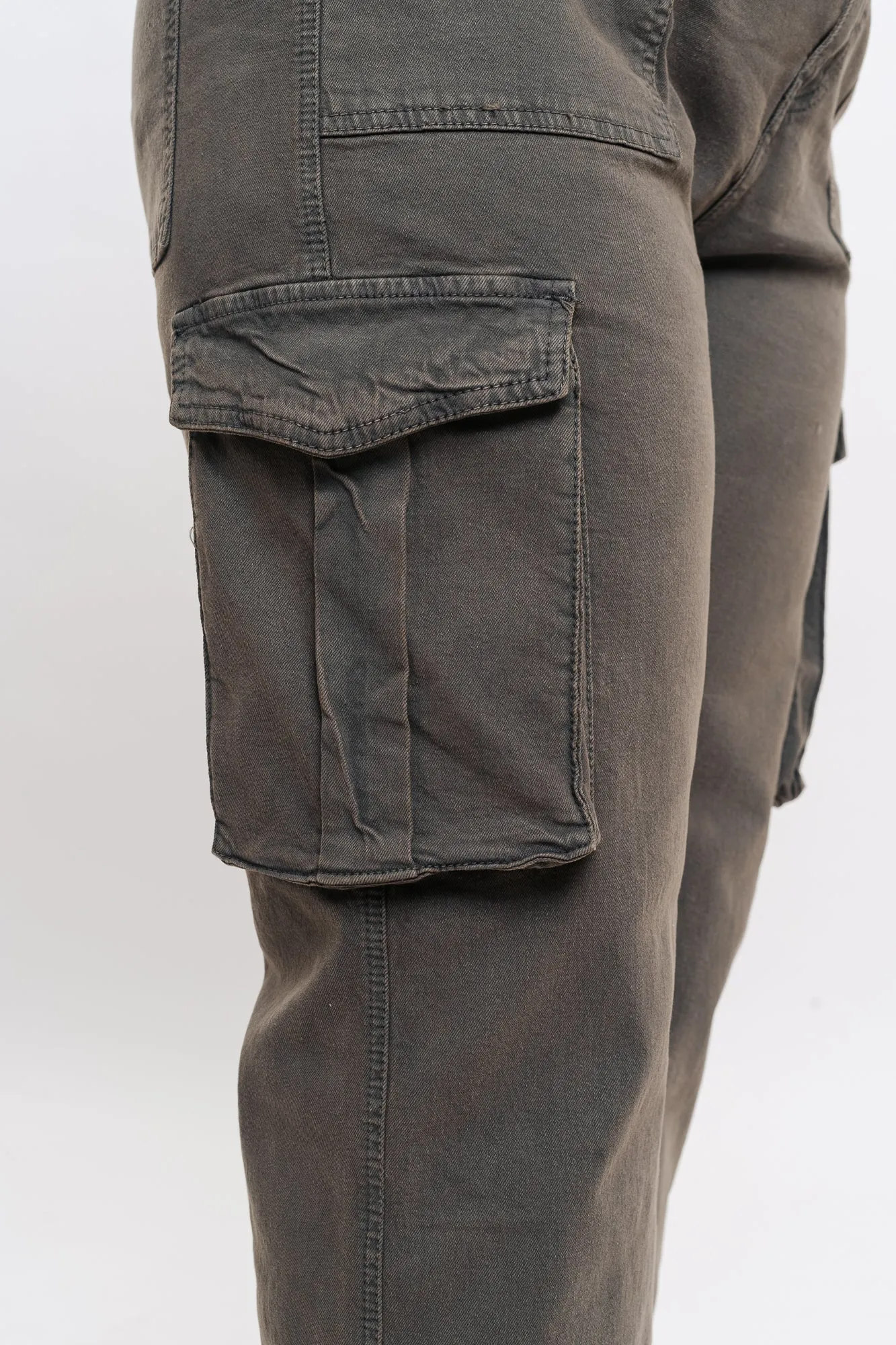 Curve Contrast Stitch Denim Grey Cargo Pants