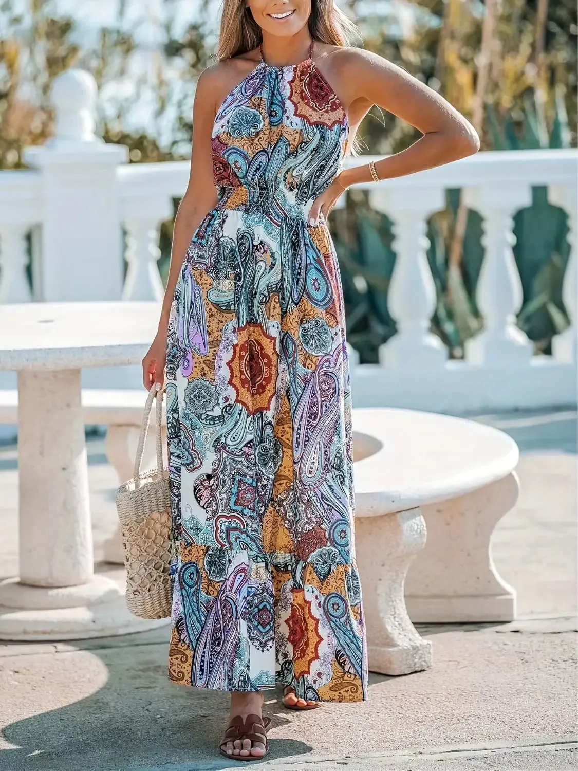 Halter Neck Printed Maxi Dress