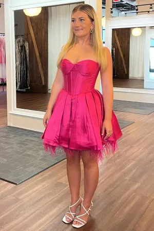 Hanna | Neon Pink Feathers Sweetheart A-Line Short Formal Dress