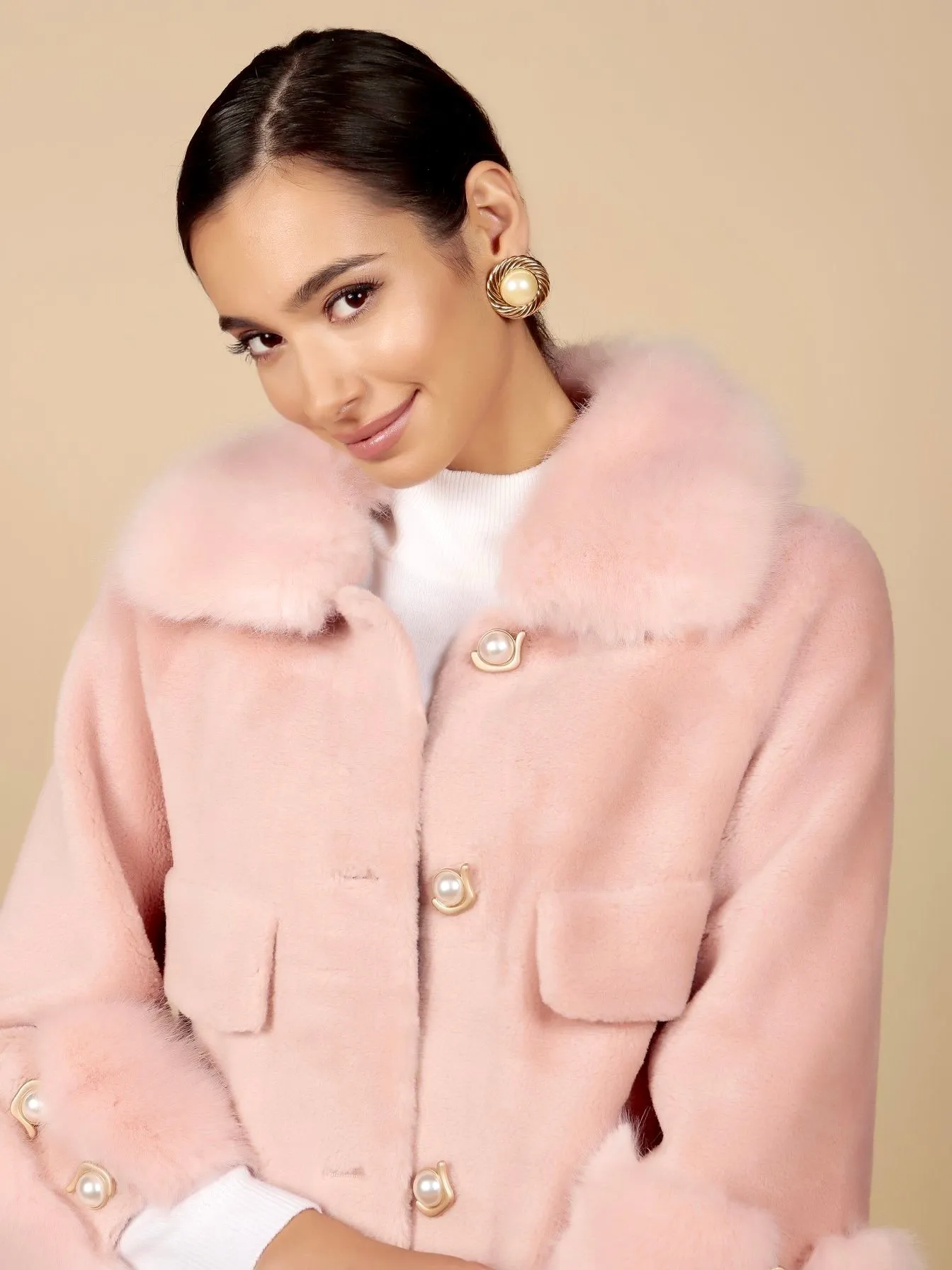 'Hayworth' Wool and Faux Fur Coat in Rosa