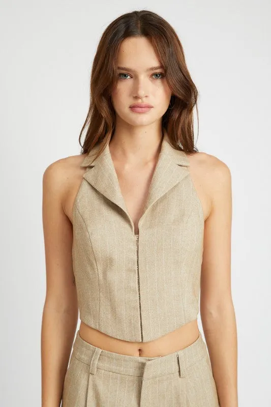 Hot Girl Boss Lady Pinstripe Halter Neck Vest Top In Tan