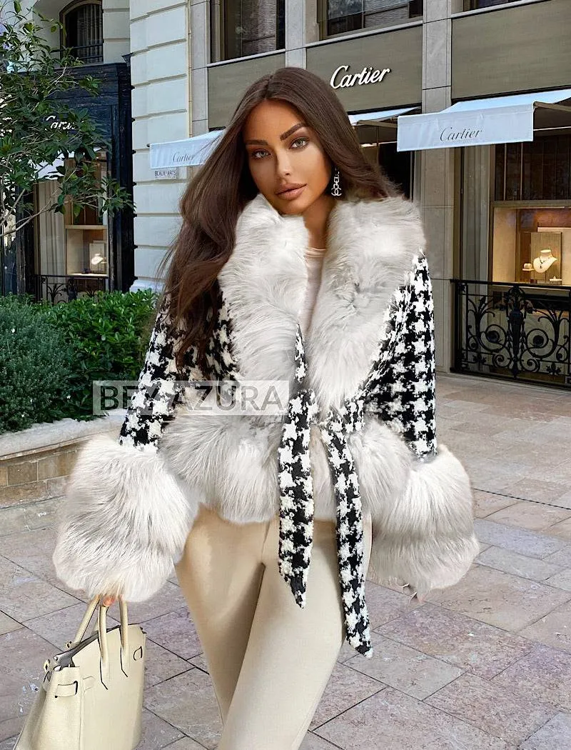 Houndstooth Fox Fur Trim Belted Wool Jacket