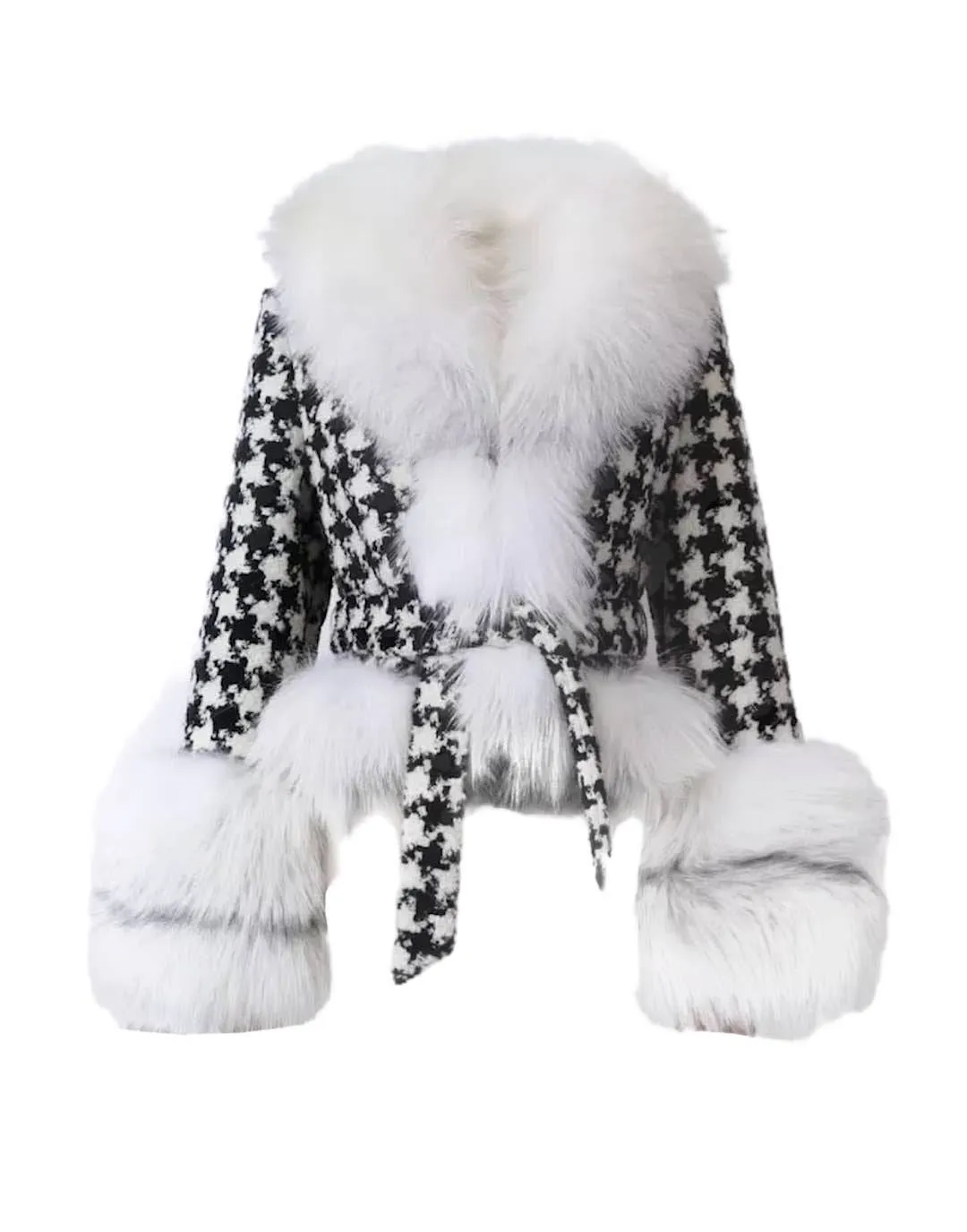 Houndstooth Fox Fur Trim Belted Wool Jacket