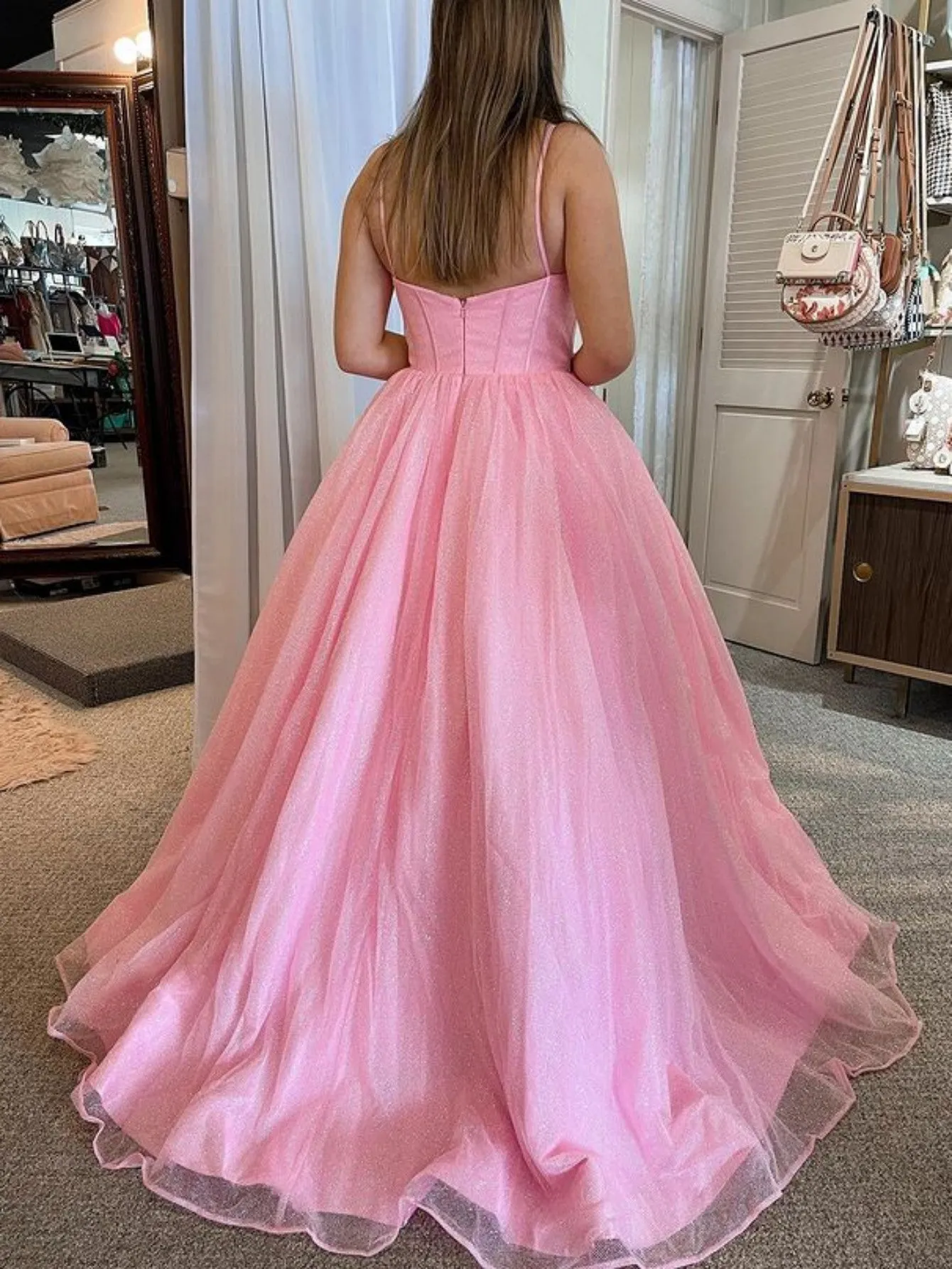 Julissa |A Line Glitter Tulle Prom Dress with Pockets