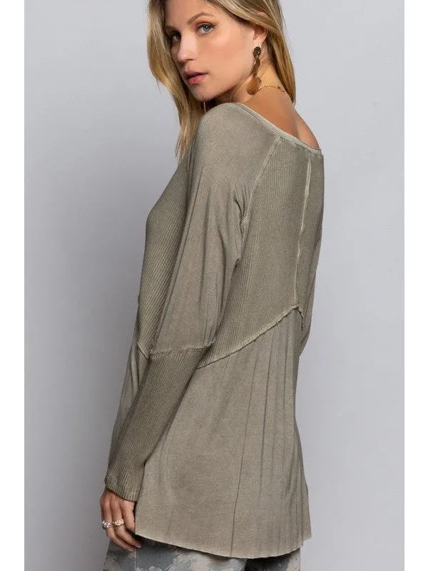 Light Wash Rib Textured Long Sleeve Top