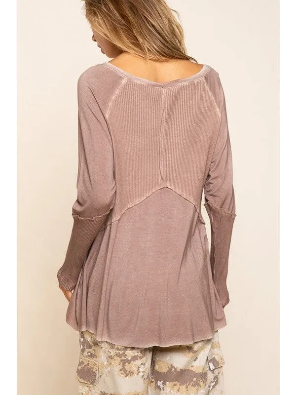 Light Wash Rib Textured Long Sleeve Top