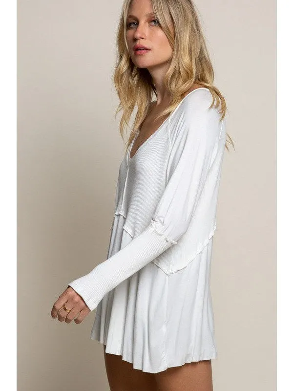 Light Wash Rib Textured Long Sleeve Top