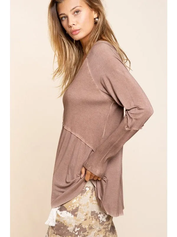 Light Wash Rib Textured Long Sleeve Top