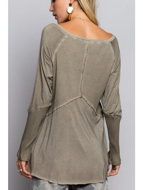 Light Wash Rib Textured Long Sleeve Top