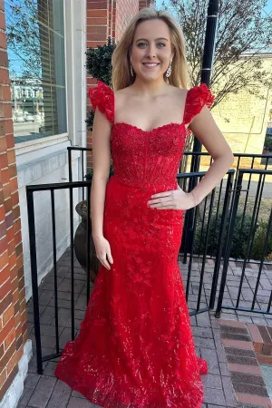 Liv | Red Appliques Sweetheart Flutter Sleeve Mermaid Long Prom Dress