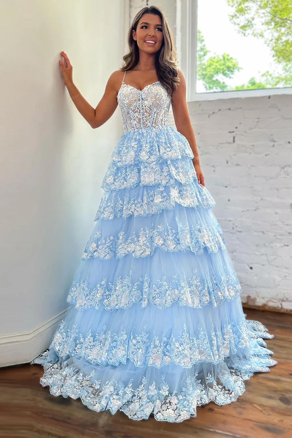 Maryam |A Line Spaghetti Straps Tiered Lace Prom Dress