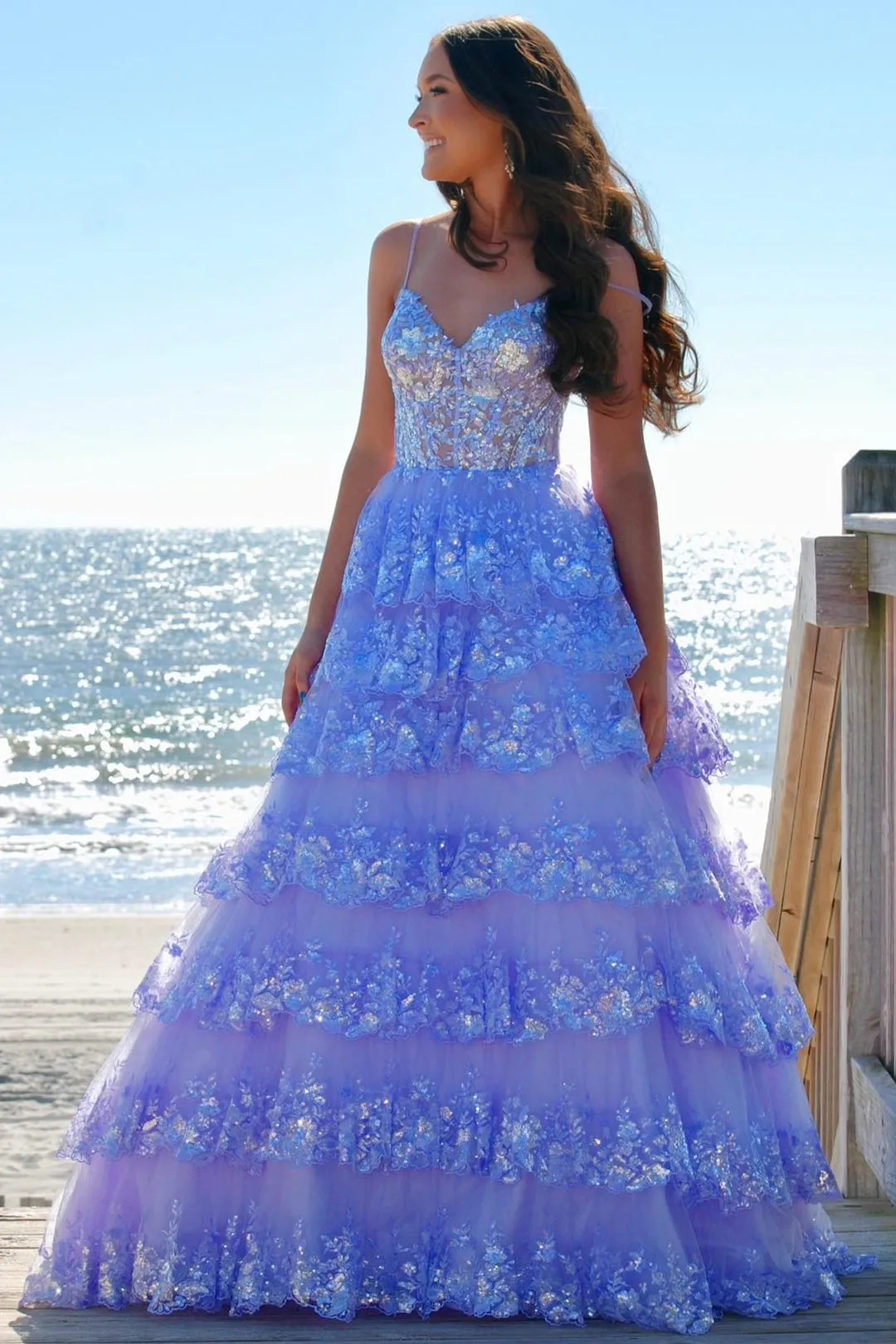 Maryam |A Line Spaghetti Straps Tiered Lace Prom Dress