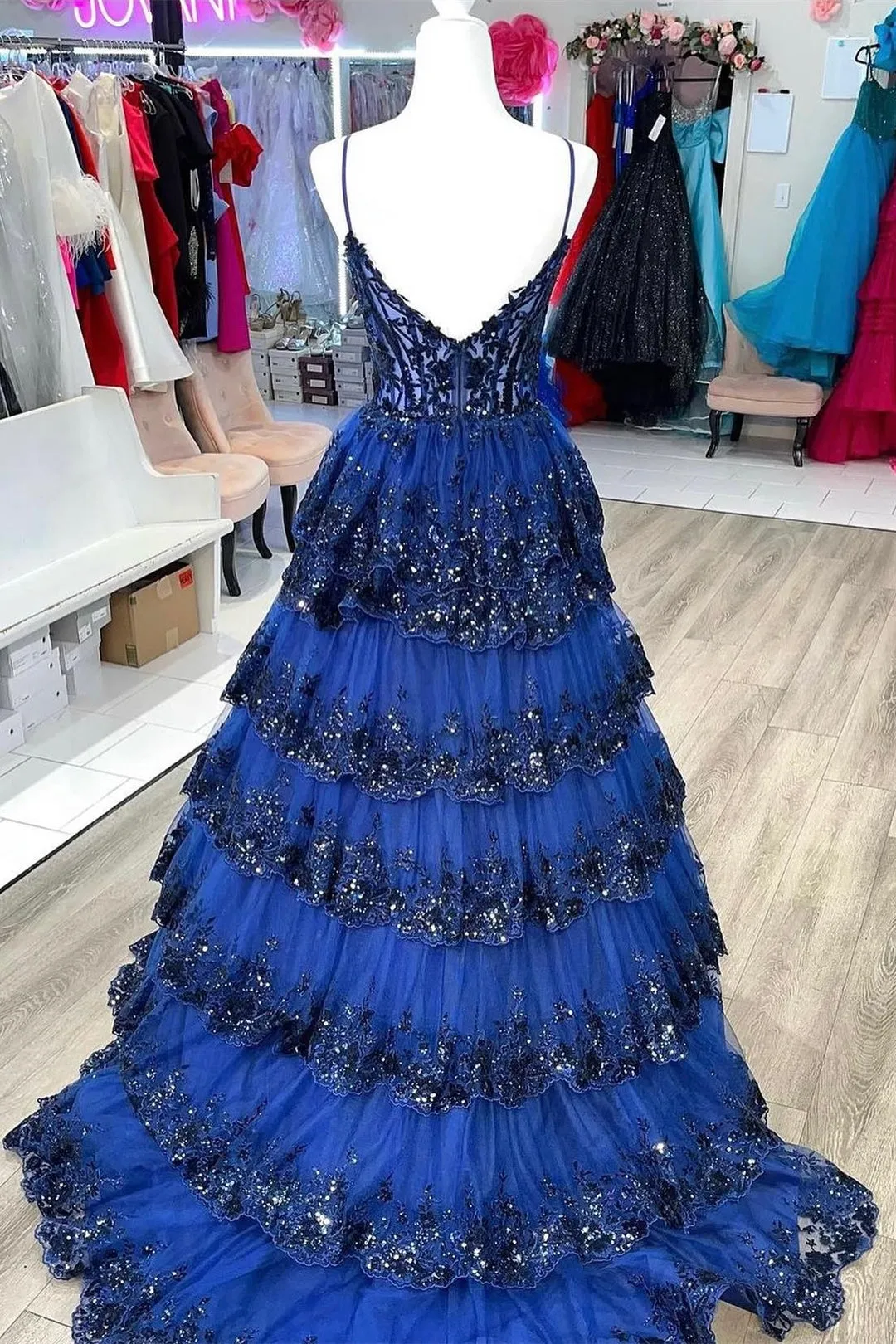 Maryam |A Line Spaghetti Straps Tiered Lace Prom Dress