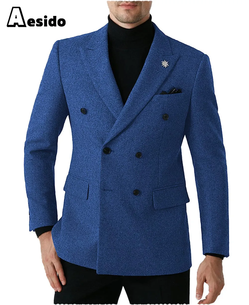 Men Double Button Notch Lapel Tweed Blazer