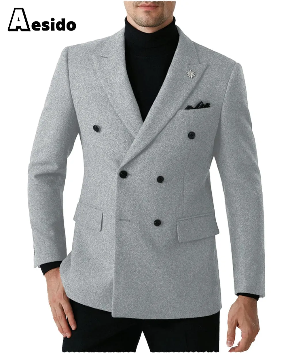 Men Double Button Notch Lapel Tweed Blazer