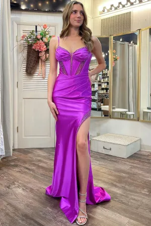 Olive | Purple Sweetheart Satin Mermaid Long Prom Dresses with Slit