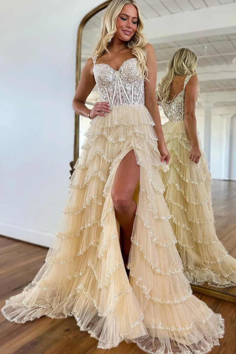 Scout | A-Line Sweetheart Champagne Tulle Prom Dresses with Appliques