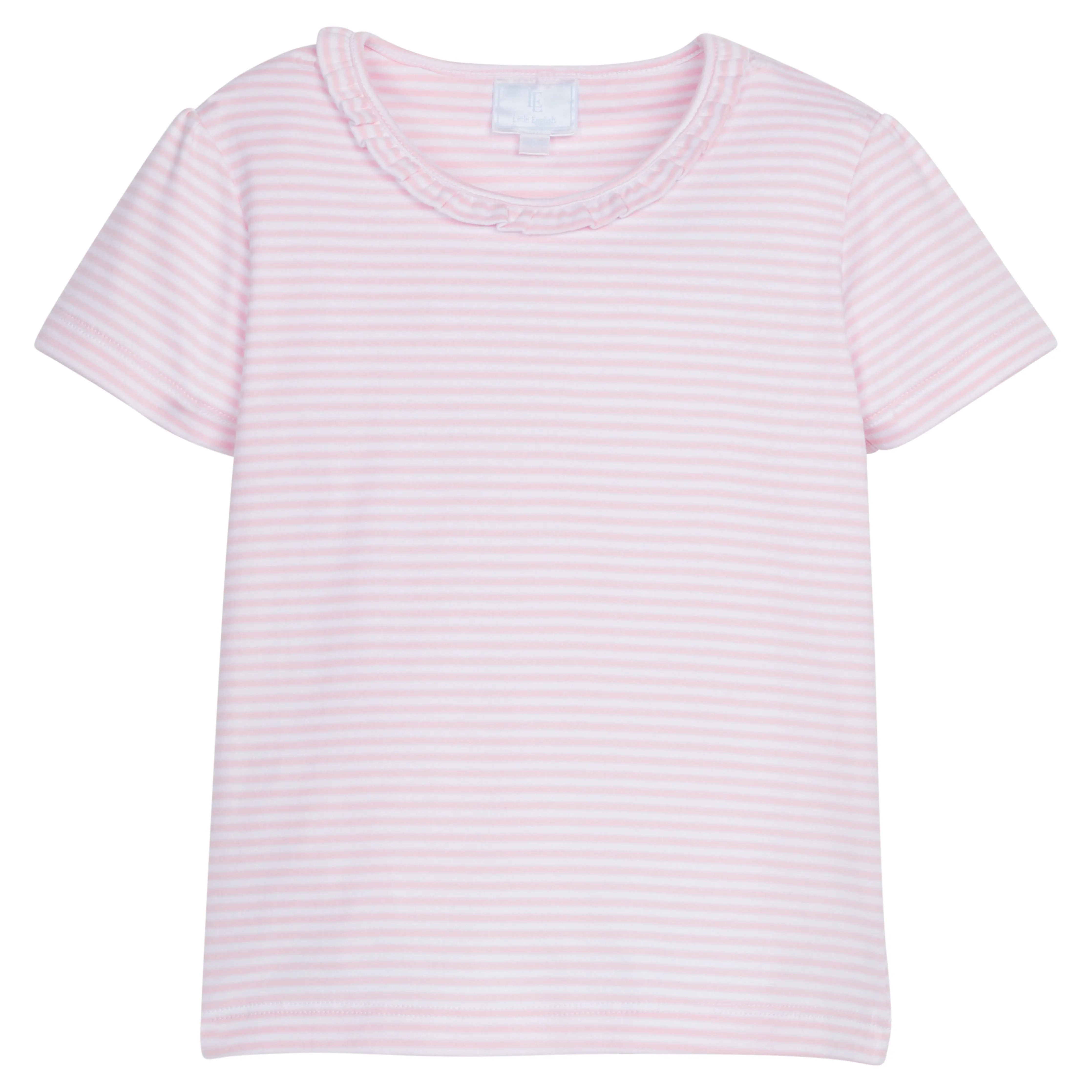 Short Sleeve Scoop Ruffle Tee - Light Pink Stripe