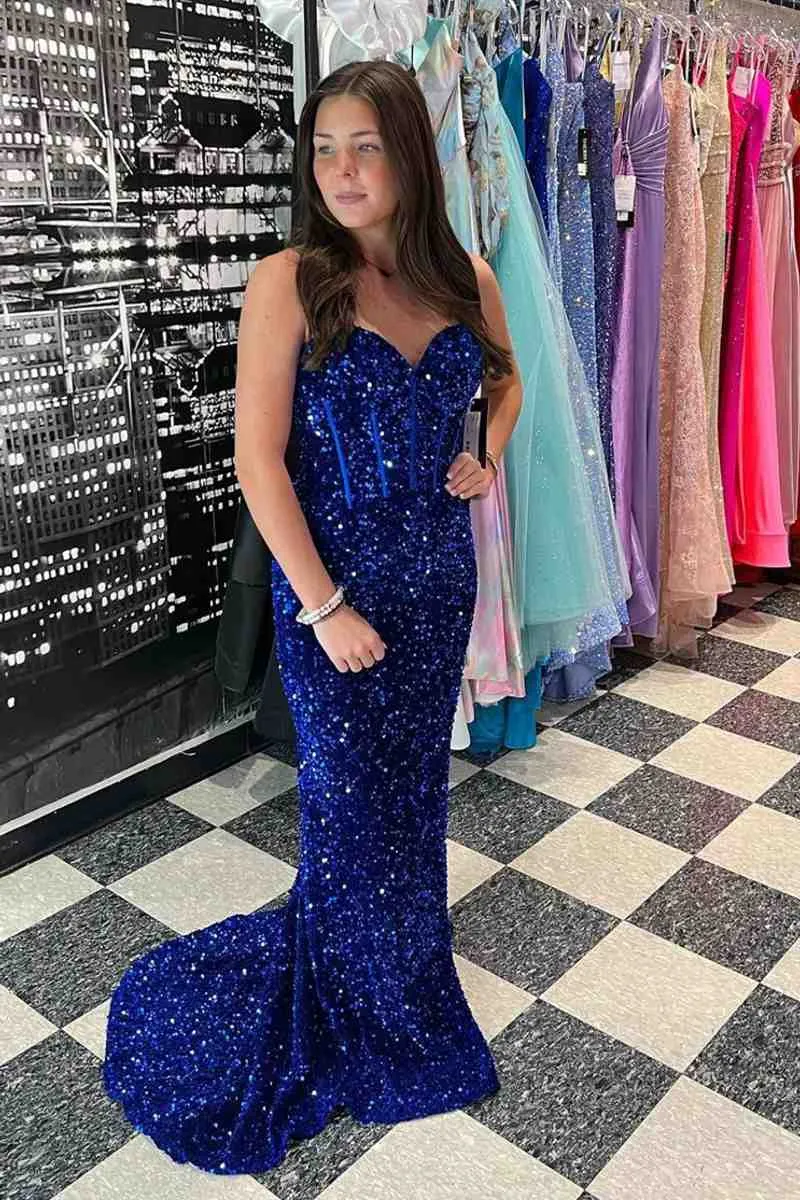 Sweetheart Mermaid Light Blue Sequin Long Prom Dress