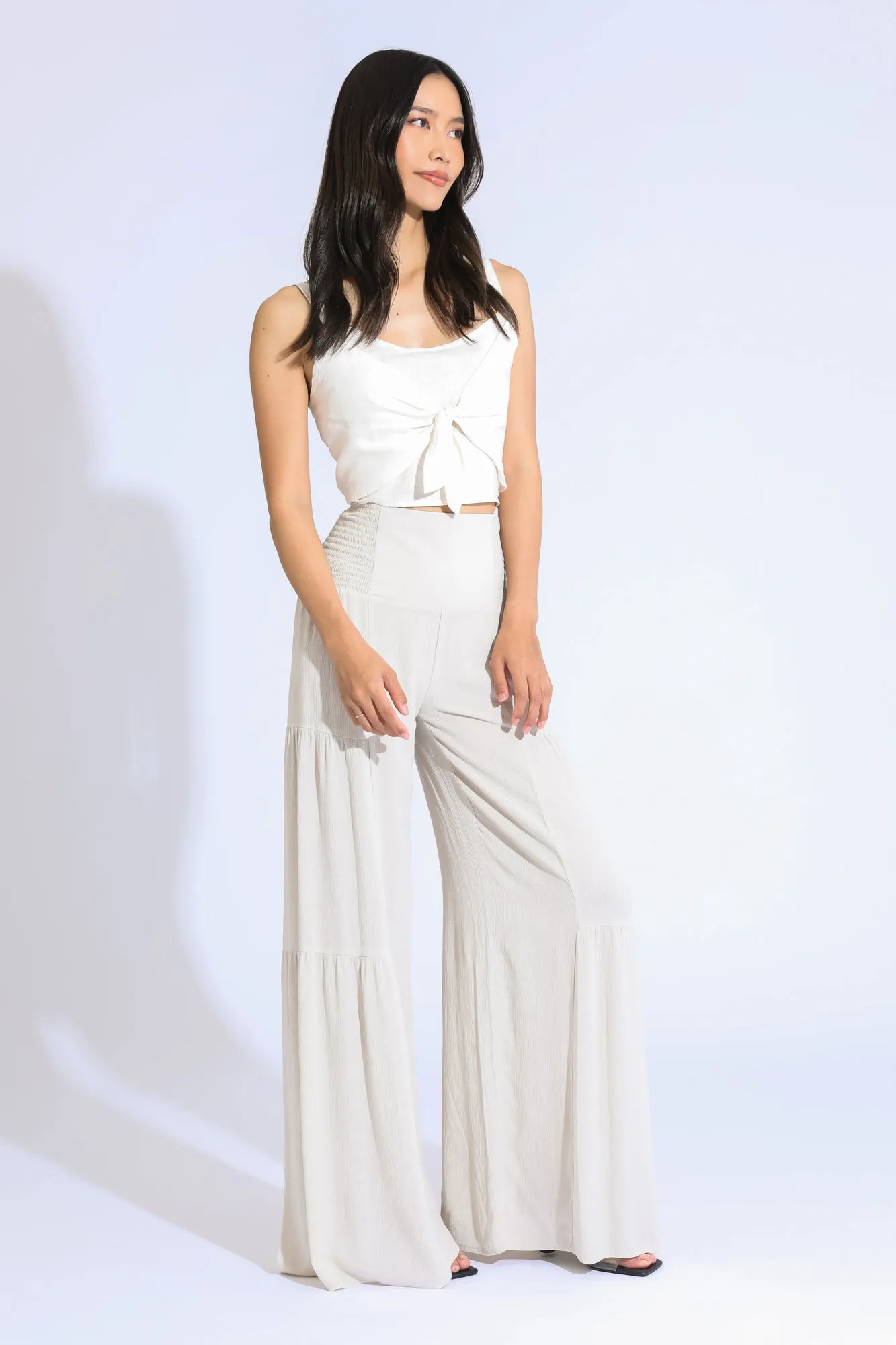 TIE WAIST TIERED WIDE LEG PANT - VINTAGE CLAY