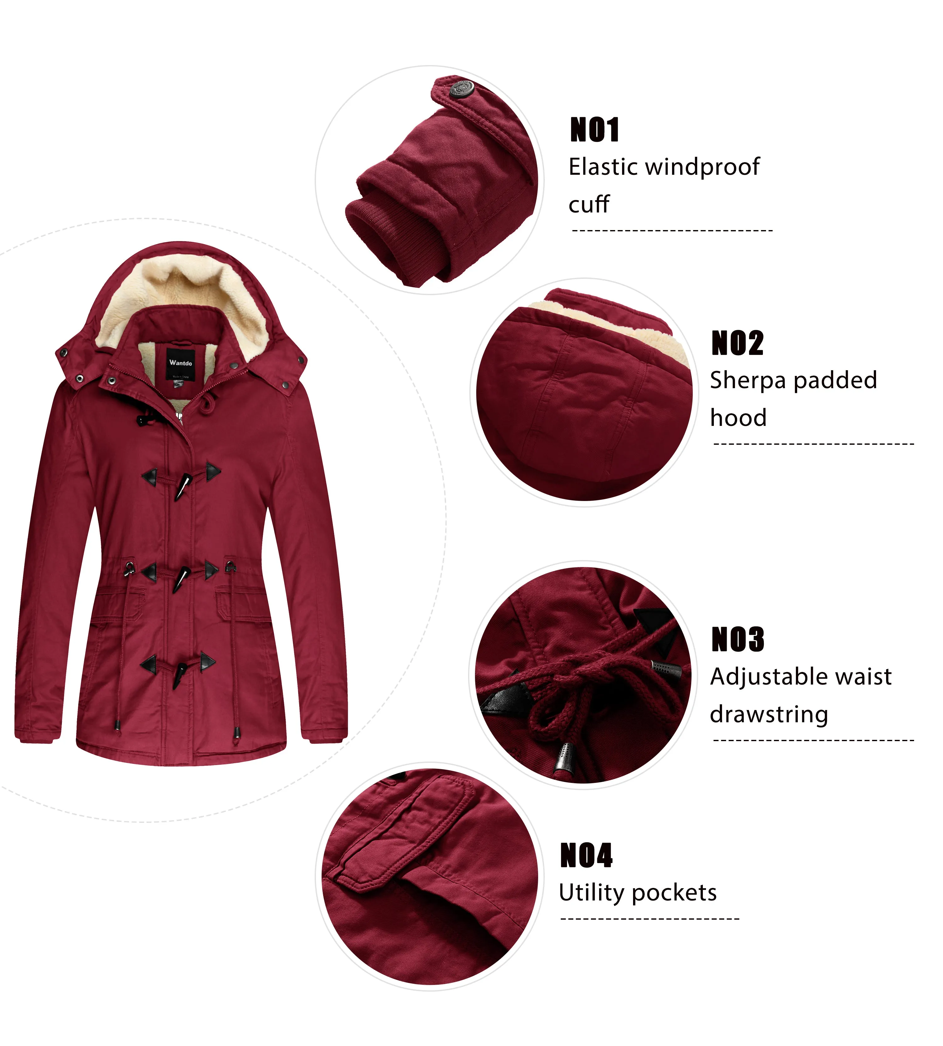 Wantdo Women's Winter Military Cotton Jacket Hooded Outwear Coat Claret Size S