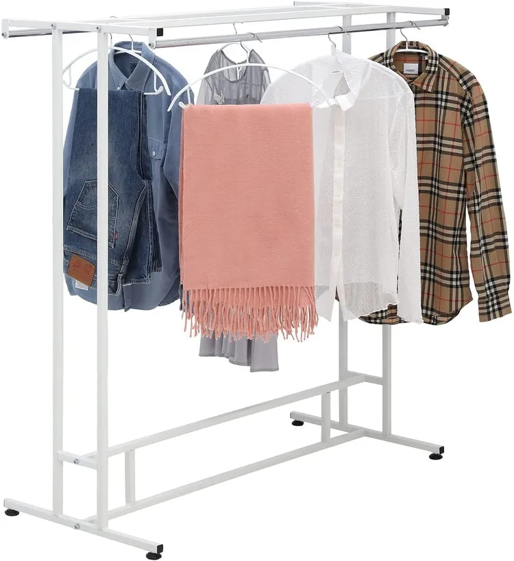 White Stainless Steel Clothes Hanger Rack, Freestanding Double Rod Clothes Hanging Rack