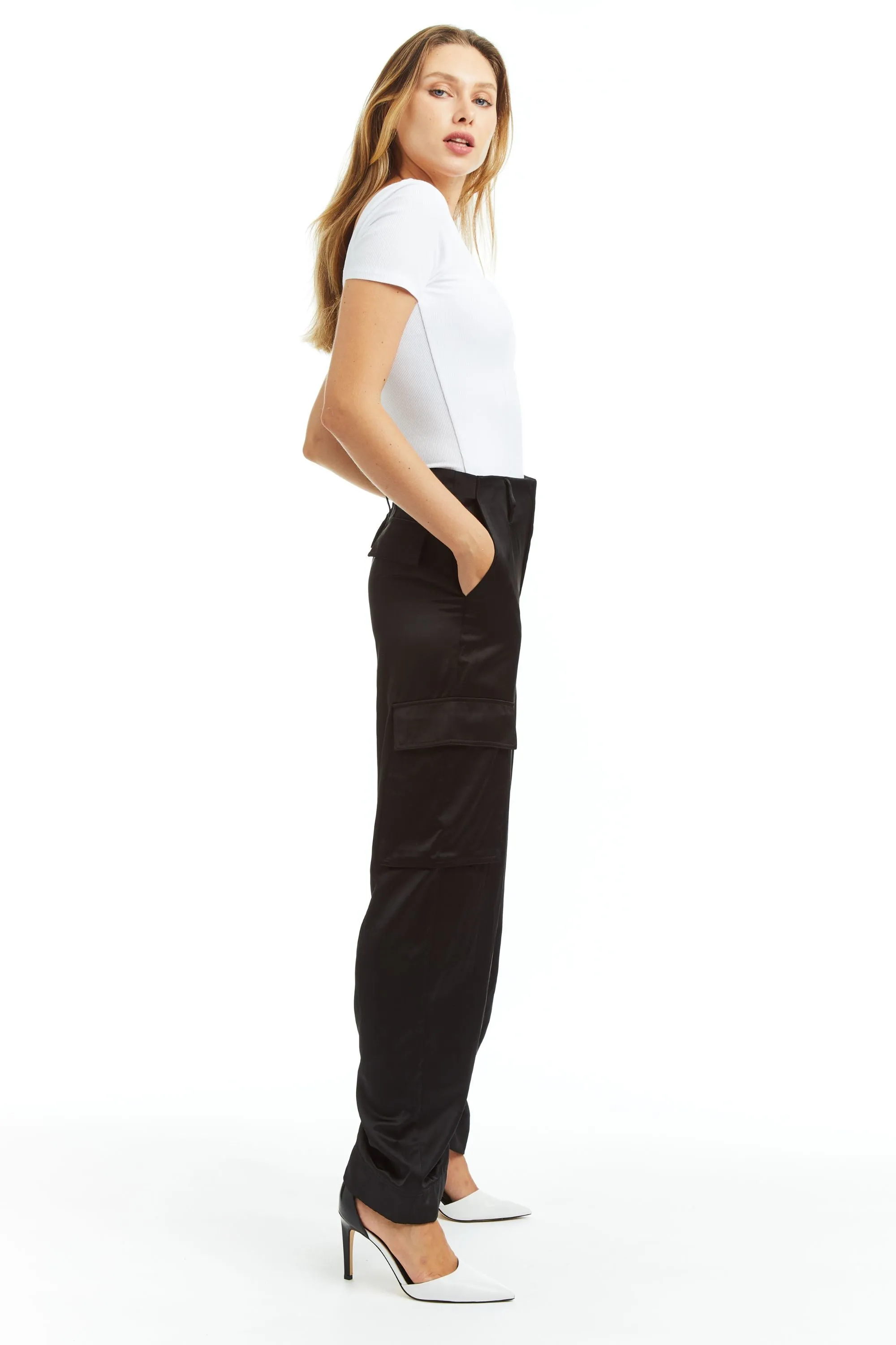 Wide Leg Satin Cargo Pant