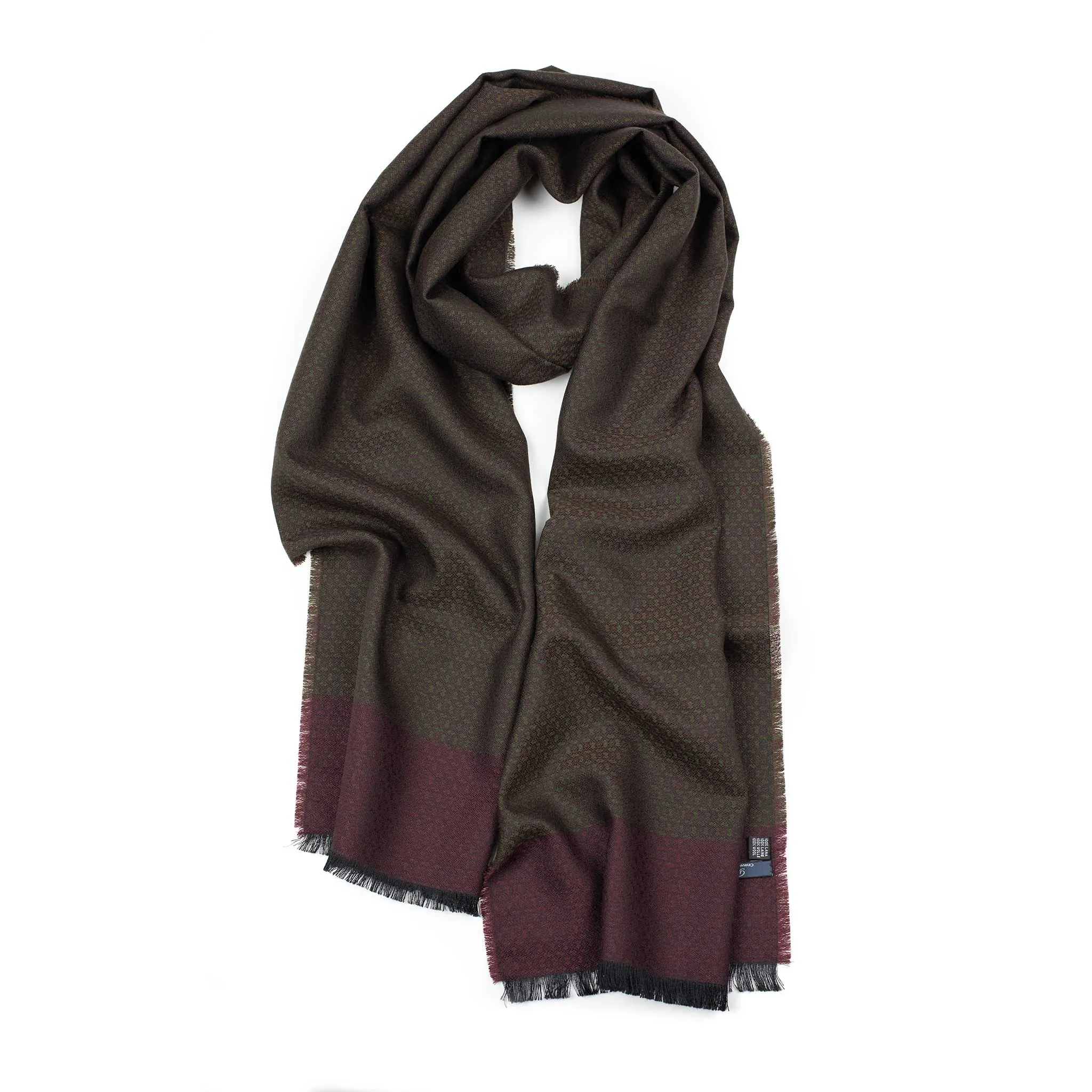 Wine wool scarf with green jacquard geometric pattern